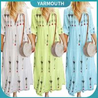 COD DSFGRDGHHHHH ♥YAR♥Summer Beach Bohemian Women Drawstring V Neck Long Sleeve Loose Maxi Dress