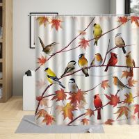 Autumn Birches Birds Branch Shower Curtain Maple leaf Tree Cartoons Sparrow Home Decor Waterproof Fabric Bathroom Curtains Hooks