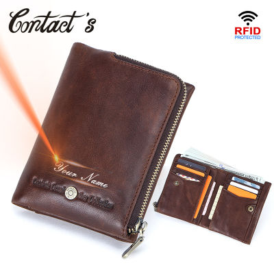 Contacts Rfid Blocking Male Short Purse Crazy Horse Leather Men Wallet Vintage Bifold Card Holders Small Coin Pocket Zipper