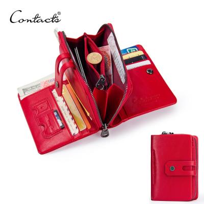 TOP☆CONTACTS Wallet Women Zipper Genuine Leather Short Wallets Quality Coin Purse Women Hasp Button Purse With Credit Cards Holder