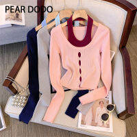 PEAR DODO เสื้อถักสองชิ้นสั้นผู้หญิงเกาหลีแขนยาวถักแบบสั้นของปลอม