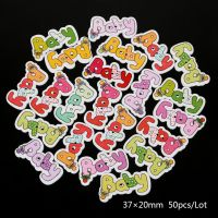 50PCs Random Mixed Decorative Buttons 2 Holes Mixed Wood Sewing Button Scrapbooking Baby Carriage shape Bowknot Words