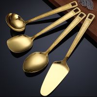 Stainless Steel Kitchen Gold Cooking Utensils Hollow Shovel Spatula Large Salad Spoon Fork Stirring Serving Tableware