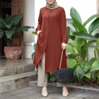 COD dhdfxcz ZANZEA Women Long Sleeve Lapel Button Up Solid Muslim Loose Blouse