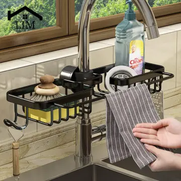  Sponge Holder for Kitchen Sink Faucet Caddy Upgraded Organizer  with Dish Towels Drying Rack & Hooks Over Faucet Hanging Faucet Drain Rack  for Sink Organizer (Square-with dishcloth rack, Black)