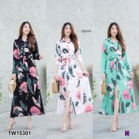 JK15301 Maxi Dress แม็กซี่เดรสแขนยาว ติดกระดุมผ่าด้านหน้า คอเดรสเป็นคอปกเช็ต งานสวยเป๊ะ เอวผูกเชือกเก็บทรง เนื้อผ้า 100D พิมพ์ลาย ดอกไม้กับใบไม้ ใส่ได้ทุกโอกาสจ้า ไม่มีคำว่าผิดหวังแน่นอนคะ  ++นางแบบใส่งานขายจริง++  สี : 3 สี ขาว ดำ เขียว ขนาด &amp;gt;&amp;gt;รอบอก (Bus