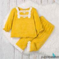 COD DTRUTYUYTUU PURP-Girls Casual Two-piece Pajamas Set Yellow Square Collar Fleece Tops and Elastic Waist Pants 2-7 Years