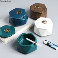 【 Party Store 】 Creative Ceramic Ashtray Diamond Shaped Copper Buckle Storage Box with Lid Living Room Anti Fly Ash Home Decoration Accessories