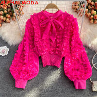 ALPHALMODA Bow Tie Collar Lantern Sleeve Long Sleeve Women Sweet Blouse Shirt 3D Pleated Pullover Solid Women Chiffon Blouse