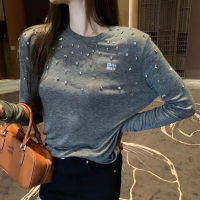 2023 Early Autumn New Fashion Simple Versatile Gradient Beaded Water Diamond Decoration Round Neck Tencel Long Sleeve T-shirt Womens Trend