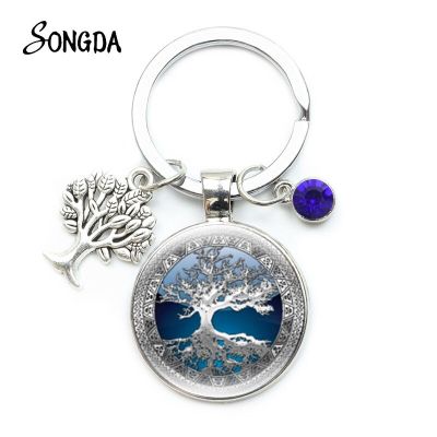 Round Tree of Life Keychain Holder Crystal Stone Charms Key Chains Key Ring for Car Bag Glass Cabochon Wholesale Jewelry Gifts Key Chains