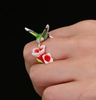 Unique Retro Hummingbird Flower Ring Gold Color Fashion Humming Bird and Enamel Jewelry