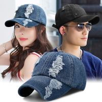 【Hot Sale】 Hat mens spring and summer Korean style fashion hole baseball cap denim peaked hat ladies outdoor sun protection visor