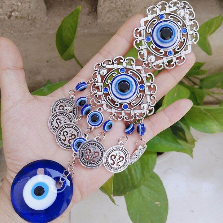 เครื่องรางช้าง-hamsa-ตาชั่วร้ายสีน้ำเงินตุรกีแขวนผนังของขวัญที่สวยงามป้องกันเครื่องประดับนำโชคแขวนอยู่รอบหยดน้ำ