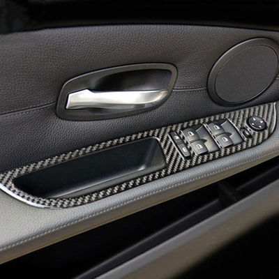 4PCS Carbon Fiber Car Window Lifter Switch Control Panel Frame Decorative Stickers For BMW E60 5 Series 2005-10 Auto Accessories