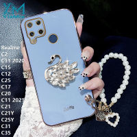 YiaMia เคสโทรศัพท์แฟชั่นสำหรับ Realme C2 C11 2020 C15 C12 C25 C17 C20 C11 2021 C21 C21Y C25Y C31 C35แฟชั่น Chrome Soft TPU Rhinestone Swan โทรศัพท์กรณี + Pearl สร้อยข้อมือเชือกโทรศัพท์