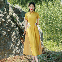 แต่งตัวปกเอียงยาว,ยืนขึ้นปก,Buckled ย้อนยุคสไตล์ชุดยาว,Aodai ปรับปรุง Cheongsam