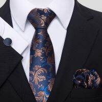 Luxury Slik Tie Handkerchief Cufflink Set For Men Necktie Pocket Squares Dark Blue Brown Gold Clothing Accessories Memorial Day