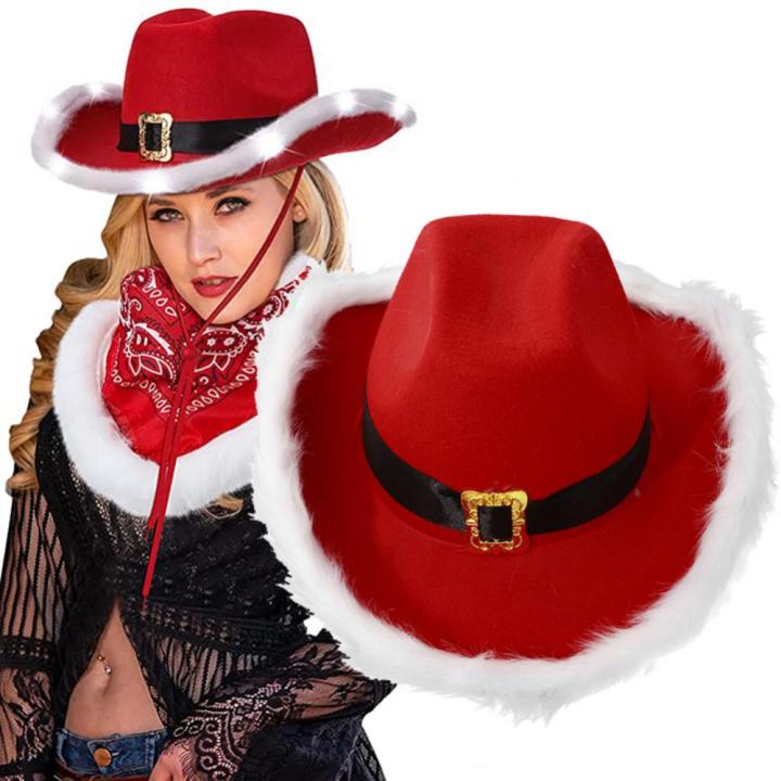 cowboy-hats-for-christmas-womens-cosplay-tiara-hat-white-feather-cowboy-hat-luminous-red-velvet-santa-hat-fashion-christmas-hats
