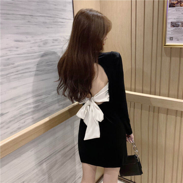 women-sexy-dress-slim-long-sleeve-backless-dress-short-a-line-dress-เดรส-ชุดเดรสสั้น-dm