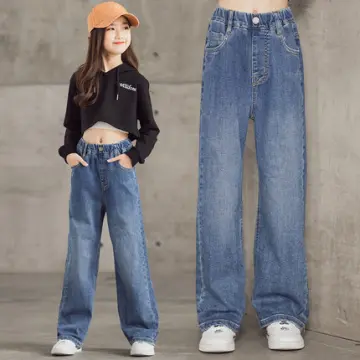 New Spring Girls Pants Pearl Slit Jeans Straight Wide leg Denim Trousers 4  5 6 7