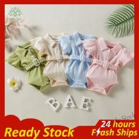 【hot sale】 ◑ C10 Baju Raya Newborn Girl Romper Dress Baju Bby Kanak2 Perempuan Newborn Clothing 0 12 Months Pink Waffle Flying Sleeve Belt Green Blue White Baju Beby Romper