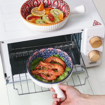 Bohemia Ceramic Salad Bowl With Handle Baking Bowl Cereal Fruit Bowl Solid Color Dessert Soup Noodle Bowl Microwave Oven