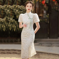 Grün Spitze Cheongsam พัฟดอกไม้ Hülse วง Weiche วินเทจ Kleid Entrenne Frauen Kostüme Elegante Traditionellen Qipao S Zu 3XL