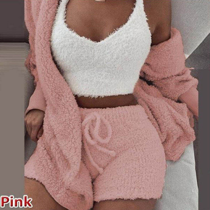 winter-pajamas-set-women-sleepwear-warm-flannel-long-sleeves-robe-vest-short-pants-pajamas-pink-cute-homewear-velvet-home-suit