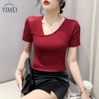 YIMEI เสื้อยืดผู้หญิงสวยๆ2023เสื้อยืดแวววาวใหม่ฤดูใบไม้ผลิ/ฤดูร้อนแฟชั่นของผู้หญิงเข้ารูปพอดีประดับด้วยลูกปัดผ้าฝ้ายบริสุทธิ์คอวีแฟชั่น