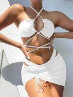 Sexy Mesh Skirt 3 Pieces Swimsuit Women Halter Micro Bikini 2022 High Waist SwimwearSolid Beachwear Bathing Suit Biquini