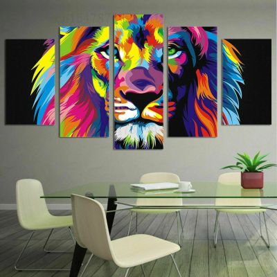 บทคัดย่อ Rainbow สีสัน Lion สัตว์ผ้าใบพิมพ์ภาพวาด Wall Art Decor 5แผง HD พิมพ์ภาพโปสเตอร์ตกแต่งบ้าน-เหมาะสำหรับสัตว์คนรักและผู้ที่ชื่นชอบศิลปะ