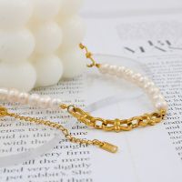 Womens Elegance Pearl Necklace Stainless Steel Gold Plated Unique Chain For OL Street