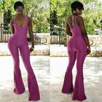 Effortless 2018 Summer New Women y Jumpsuits U Neck Sleeveless Backless Long Flare Pants Chic Solid Purple Playsuits Overalls