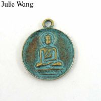 Julie Wang 5-50PCS Round Buddha Charms Swastika Symbol Antique Green Alloy Necklace Bracelet Jewelry Making Finding Accessory