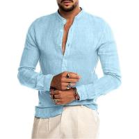 Cotton Linen Hot Sale Mens Long-Sleeved Shirts Summer Solid Color Stand-Up Collar Casual Beach Style Plus Size