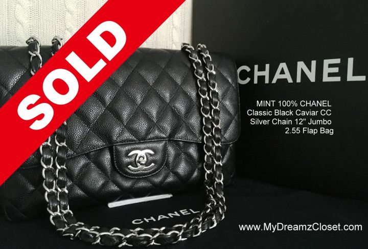 SOLD - MINT 100% CHANEL Classic Black Caviar CC Silver Chain 12 Jumbo 2.55  Flap Bag