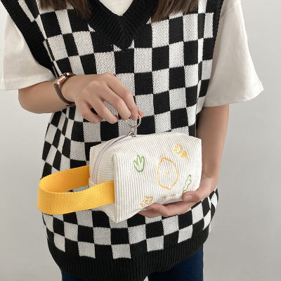 Hylhexyr Corduroy Handbag Toiletry Bags Cute Lemon Embroidery Travel Cosmetic Organizer Bag Makeup Pouch For Women