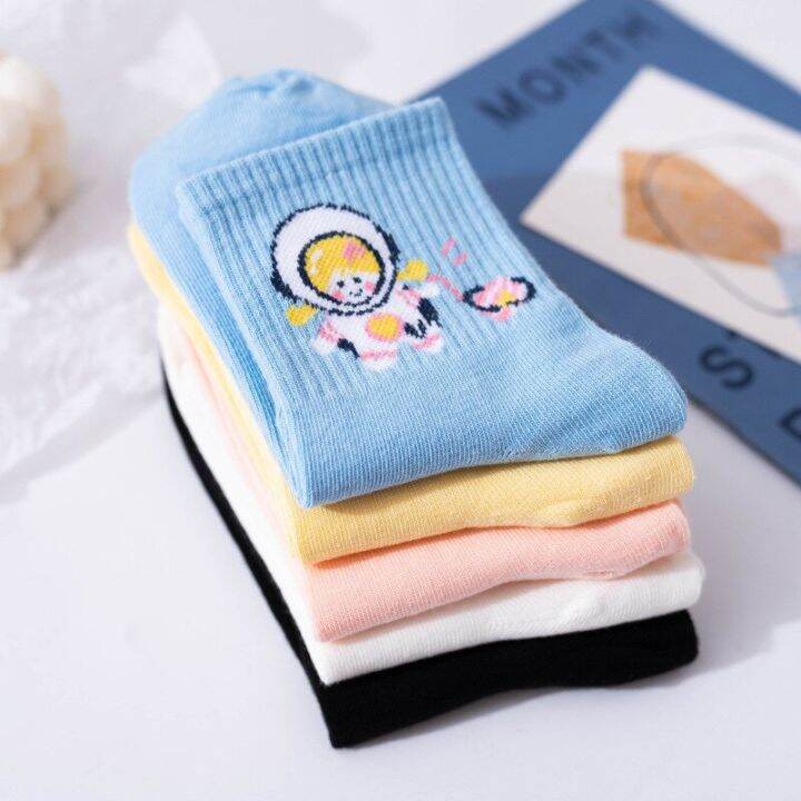 college-style-women-cotton-socks-fashion-cartoon-planet-fruit-middle-tube-girl-socks