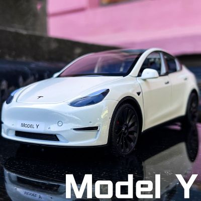 1:24 Tesla Model Y Model 3 With Charging Pile Alloy Car Die Cast Metal Toy Car Model Sound and Light Childrens Collectibles Gift