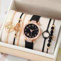 ?discount? 6pcs Black Flower Quartz Watch Dainty Bracelet For Women Leisure Casual Round Rhinestone Hollowed Pattern Bracelet Set