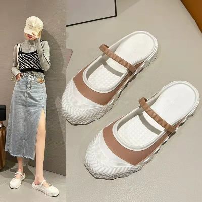 Outside a pedal baotou cool slippers female fairy wind in web celebrity fashion slippers daily pure color round head spot 2022