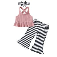 Infant Girls Summer Clothes Suits Solid Color Ribbed Sleeveless Ruffles Tank Tops Stripe Flare Pants Bow Headband 3Pcs Sets  by Hs2023