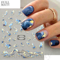 3D Golden Wave Line สติกเกอร์เล็บ Marble Blue เรขาคณิตบทคัดย่อดอกไม้ Nail Art Sliders Decals ฟอยล์ตกแต่งเล็บ CHTH