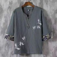 Hanfu Men Half Sleeve Traditional Chinese Clothing for Men Crane Embroried Linen Blouse with Frog Buttons Summer Clothes