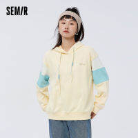 Semir เสื้อฮู้ดสีเสื้อสวมศีรษะสตรีตัดปะ Atasan Bahan Rajut ผู้หญิง2023ฤดูใบไม้ผลิทรงหลวมเสื้อฮู้ดดี้ลำลองบุคลิกภาพ