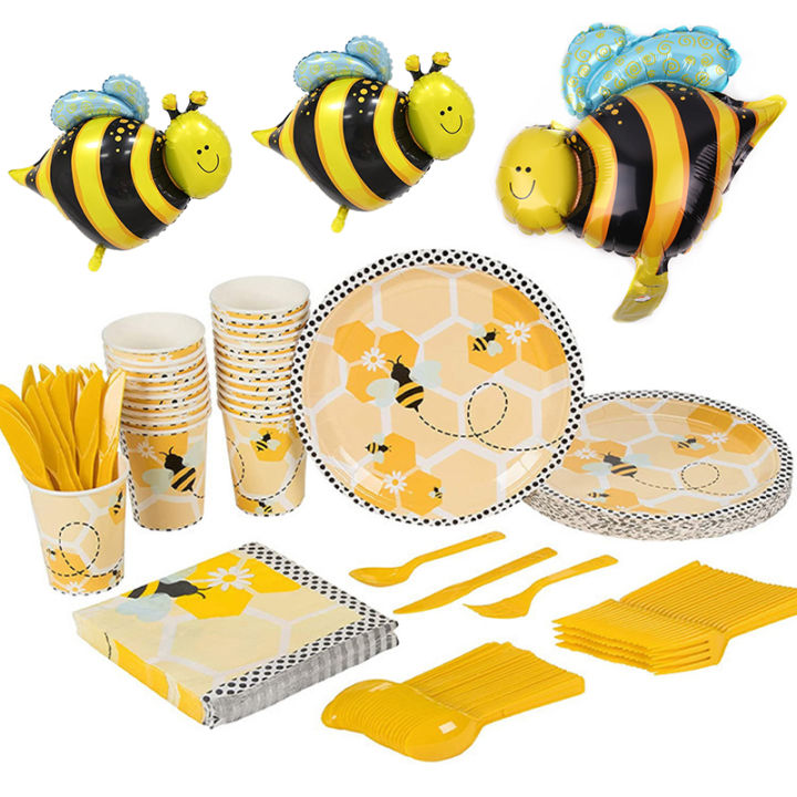 hot-bumble-bee-theme-party-ตกแต่งบนโต๊ะอาหารถ้วยกระดาษผ้ากันเปื้อนผ้าปูโต๊ะ-baby-shower-บอลลูนเด็ก-birthday-party-supplies
