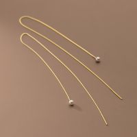 LAVIFAM 925 Sterling Silver Small Synthetic Pearl Long Tassel Ear Line Thread Retro Women 39;s Chain Earrings Jewelry