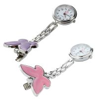 2Pcs Quartz Movement Clip Nurse Brooch Fob Tunic Pendant Watch - Pink Butterfly &amp; Purple Butterfly