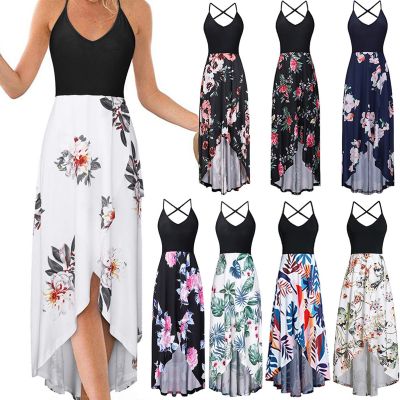 【YF】 Summer Women Sleeveless V-neck Floral Print Cross Sling Dress Loose Casual Beach Long Vest Dresses Ladies Party Plus Size